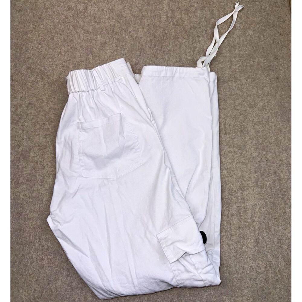 Lolocci Women’s White Cargo Pants Straight Leg Drawstring Pockets Size S